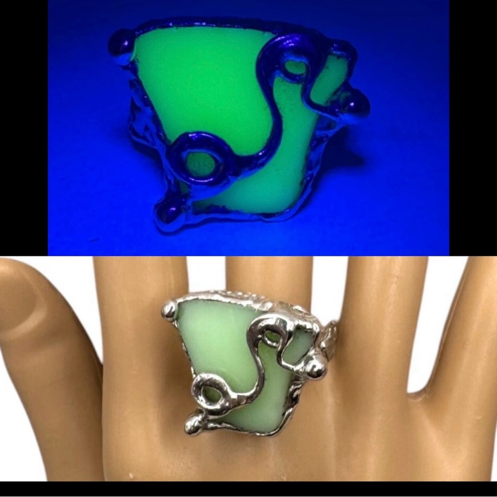 Uranium Glass Silver-Blend Statement Ring Artisan Handcrafted Glows W/ UV Light